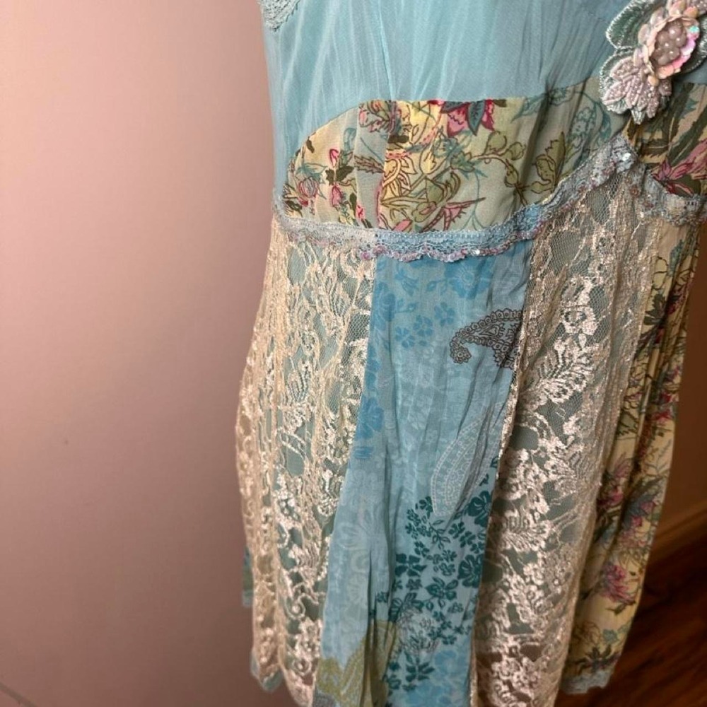 Fairy Blue floral patchwork dress with lace trim and beaded flower detail - Picture 3 of 7